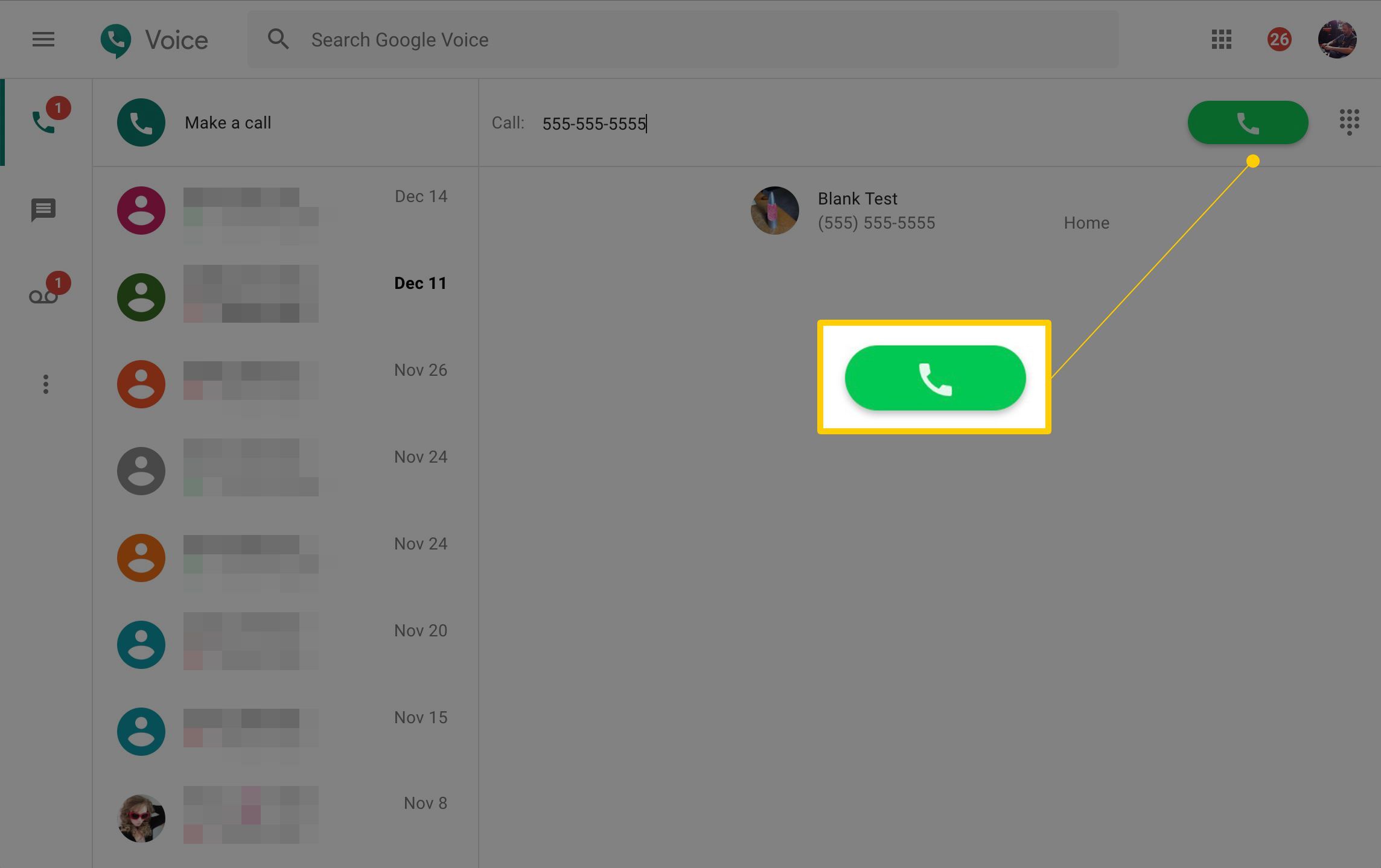 Зеленая кнопка вызова в Google Voice