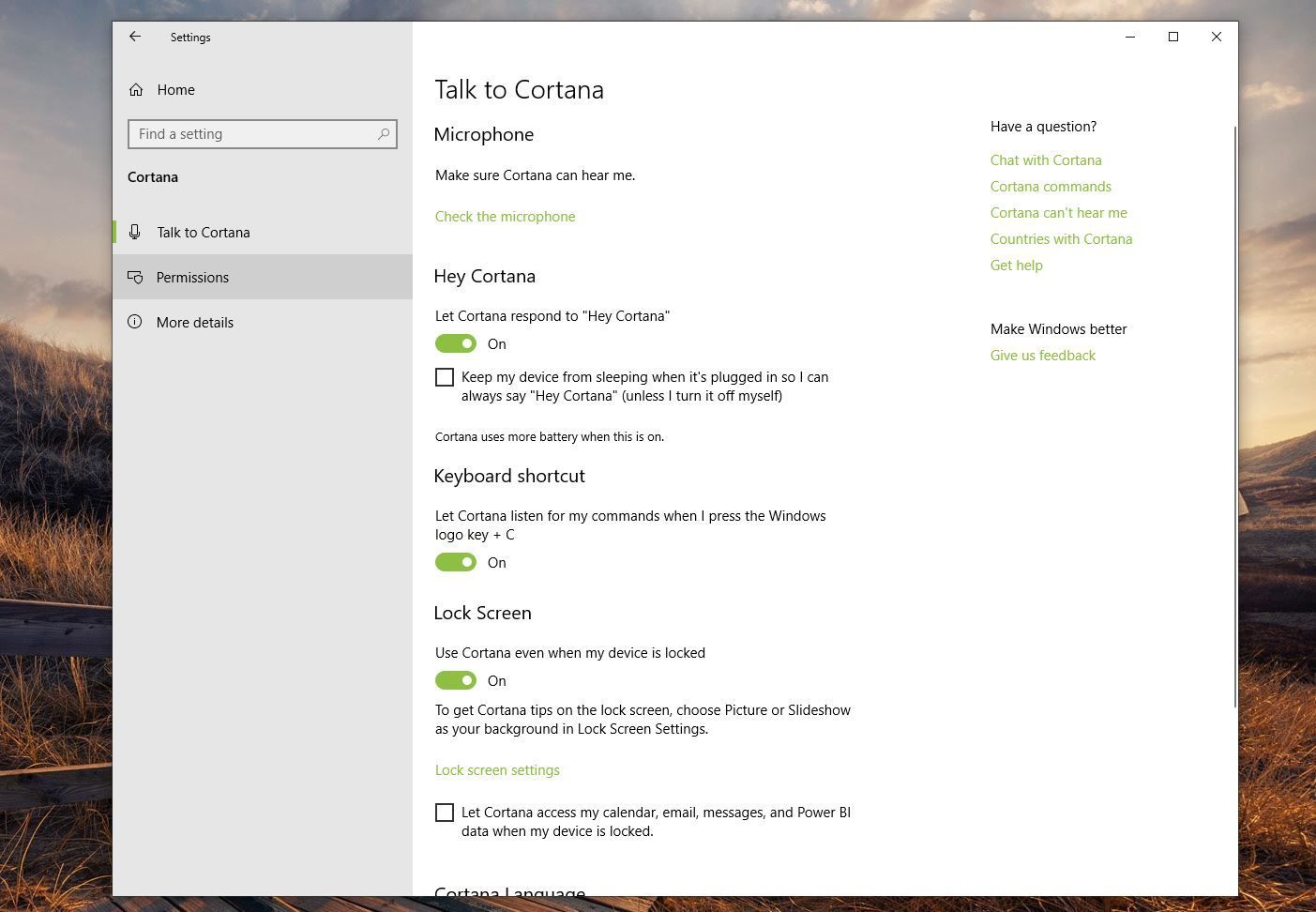 Снимок экрана с разрешениями в левой панели настроек Cortana