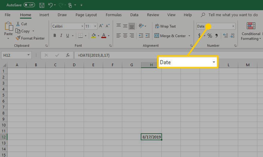 Расположение инструмента Дата в Microsoft Excel.