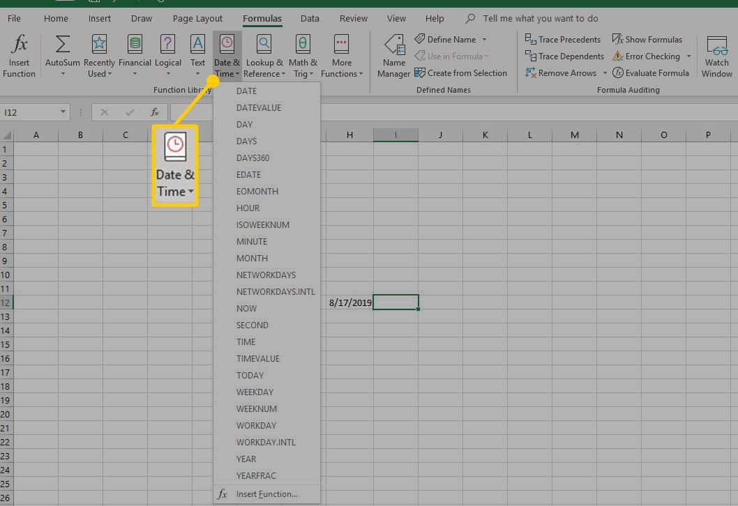 Расположение функций даты и времени в Excel.