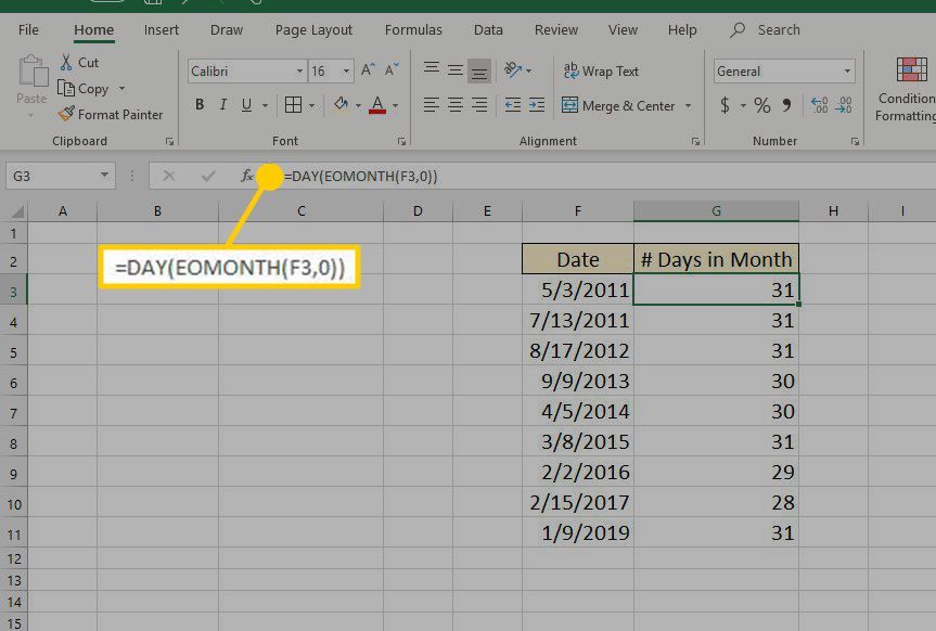 Функция Excel DAY используется в формуле.