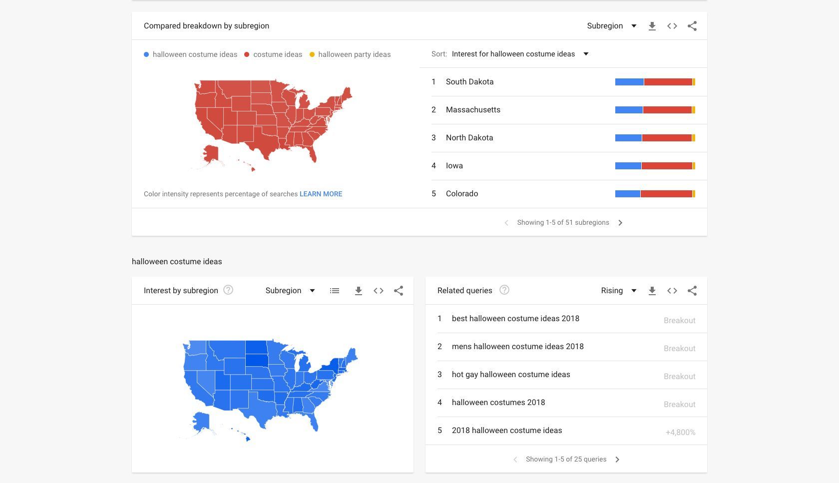 Скриншот тенденций поиска по регионам в Google Trends.