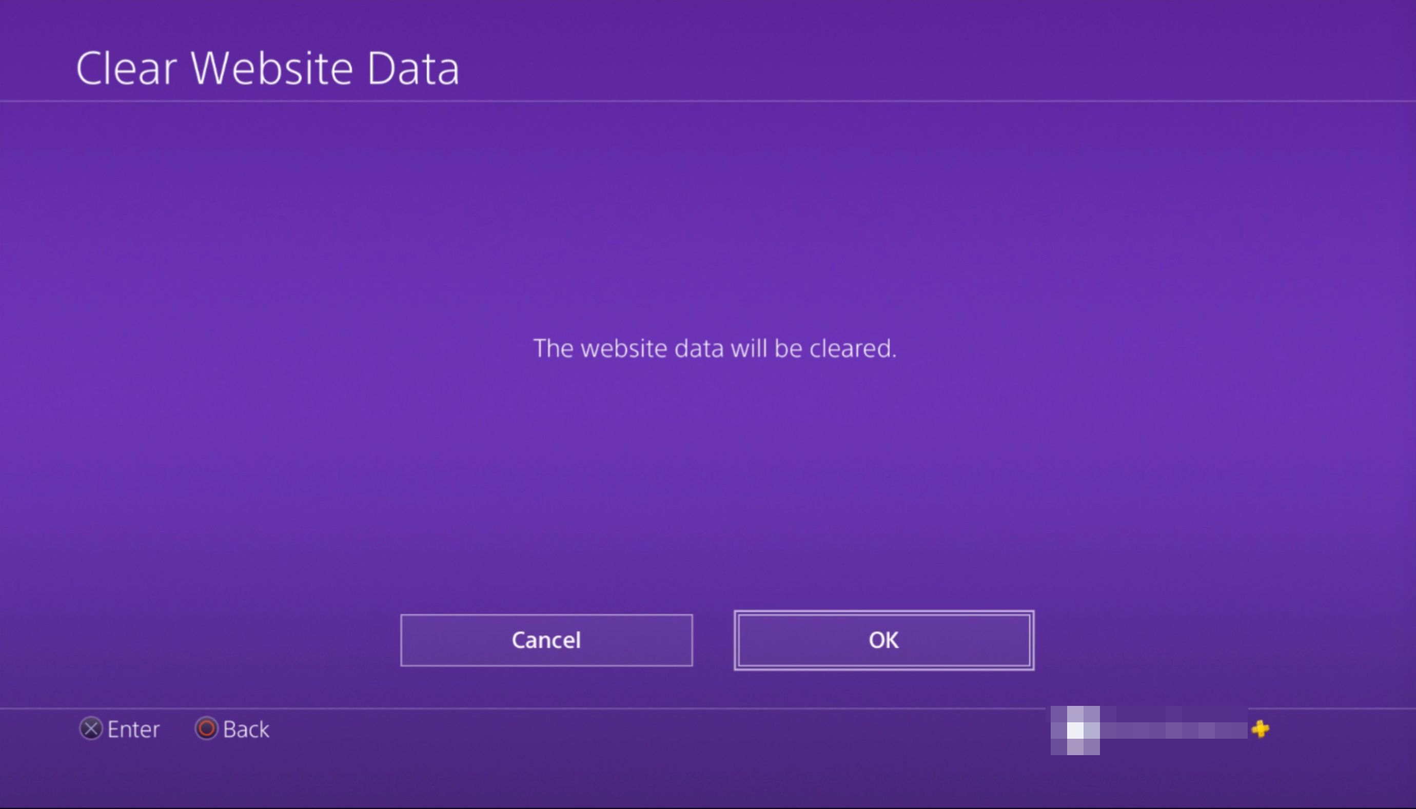 Очистить экран данных сайта на PS4