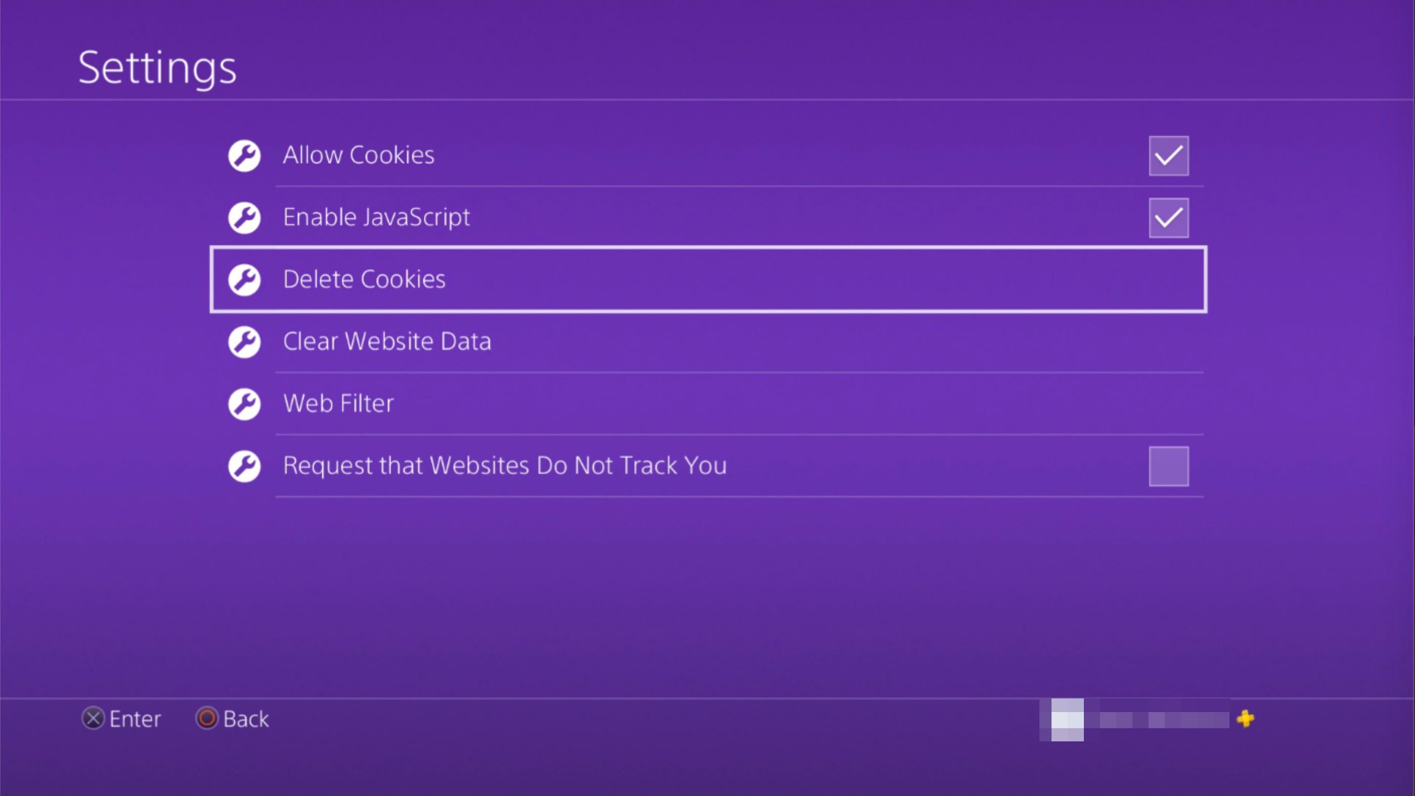 Параметр «Удалить файлы cookie» в настройках веб-браузера PS4