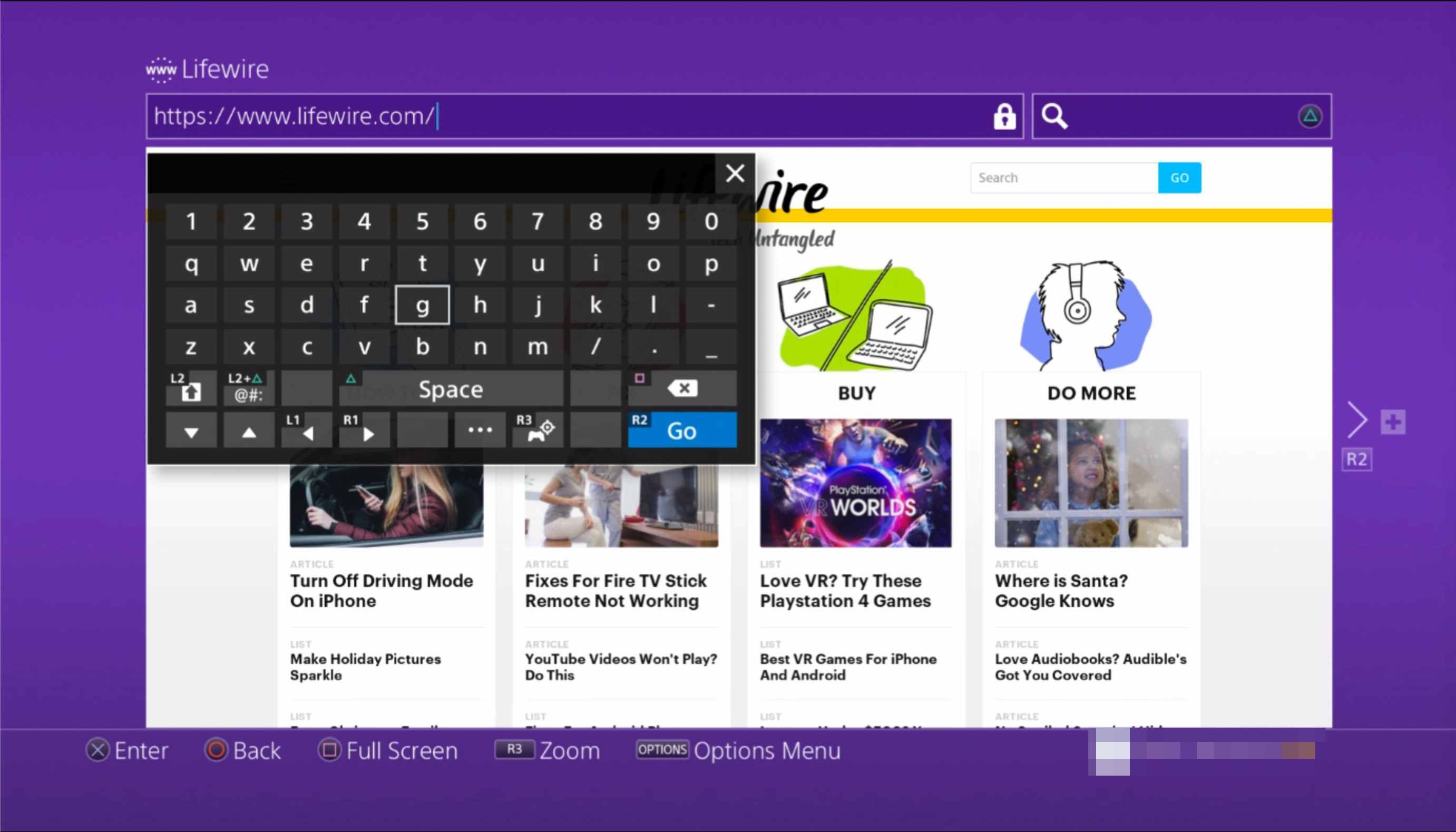 Веб-браузер PS4, загружающий lifewire.com с экранной клавиатуры