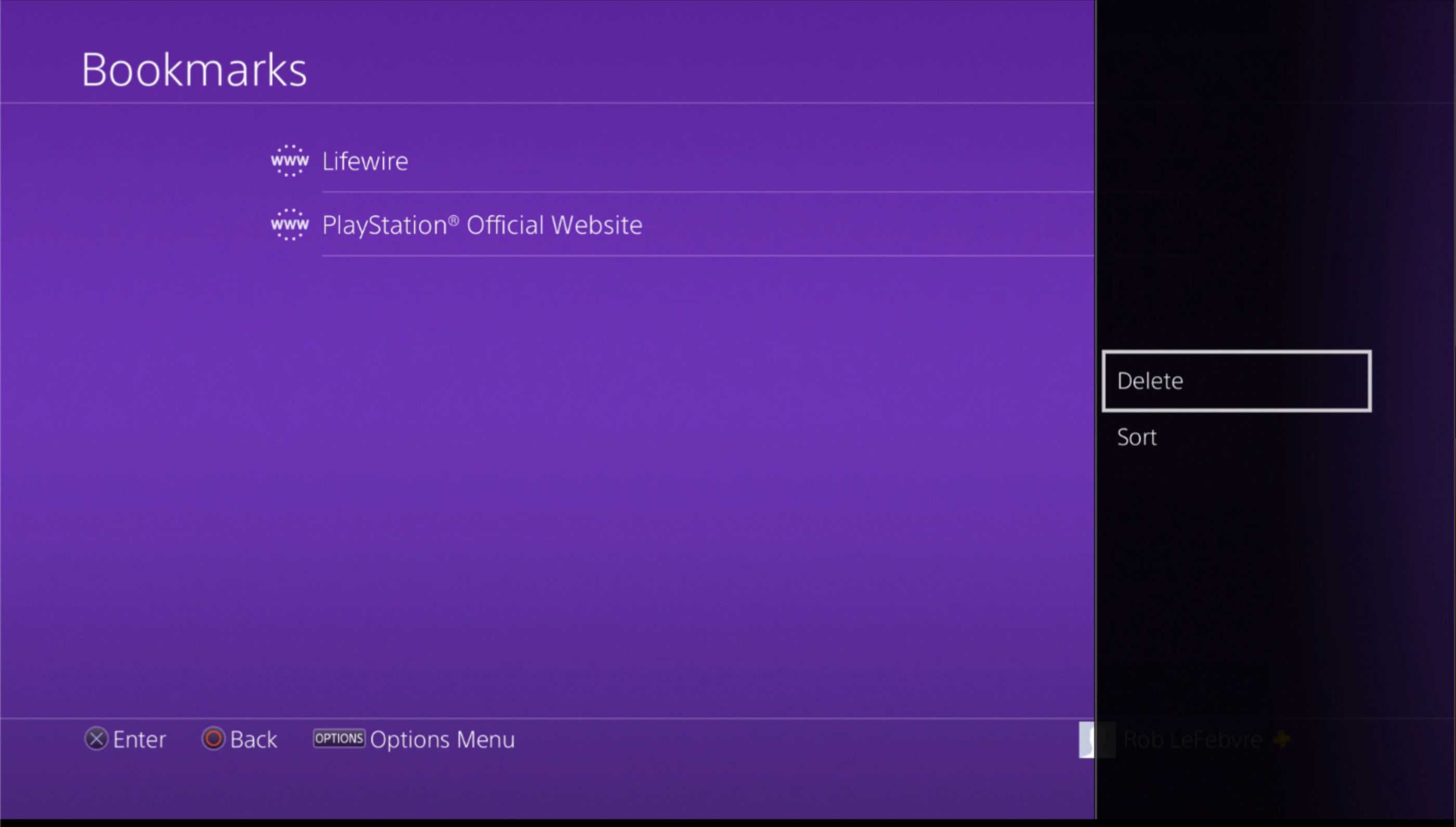 Экран удаления закладок PS4