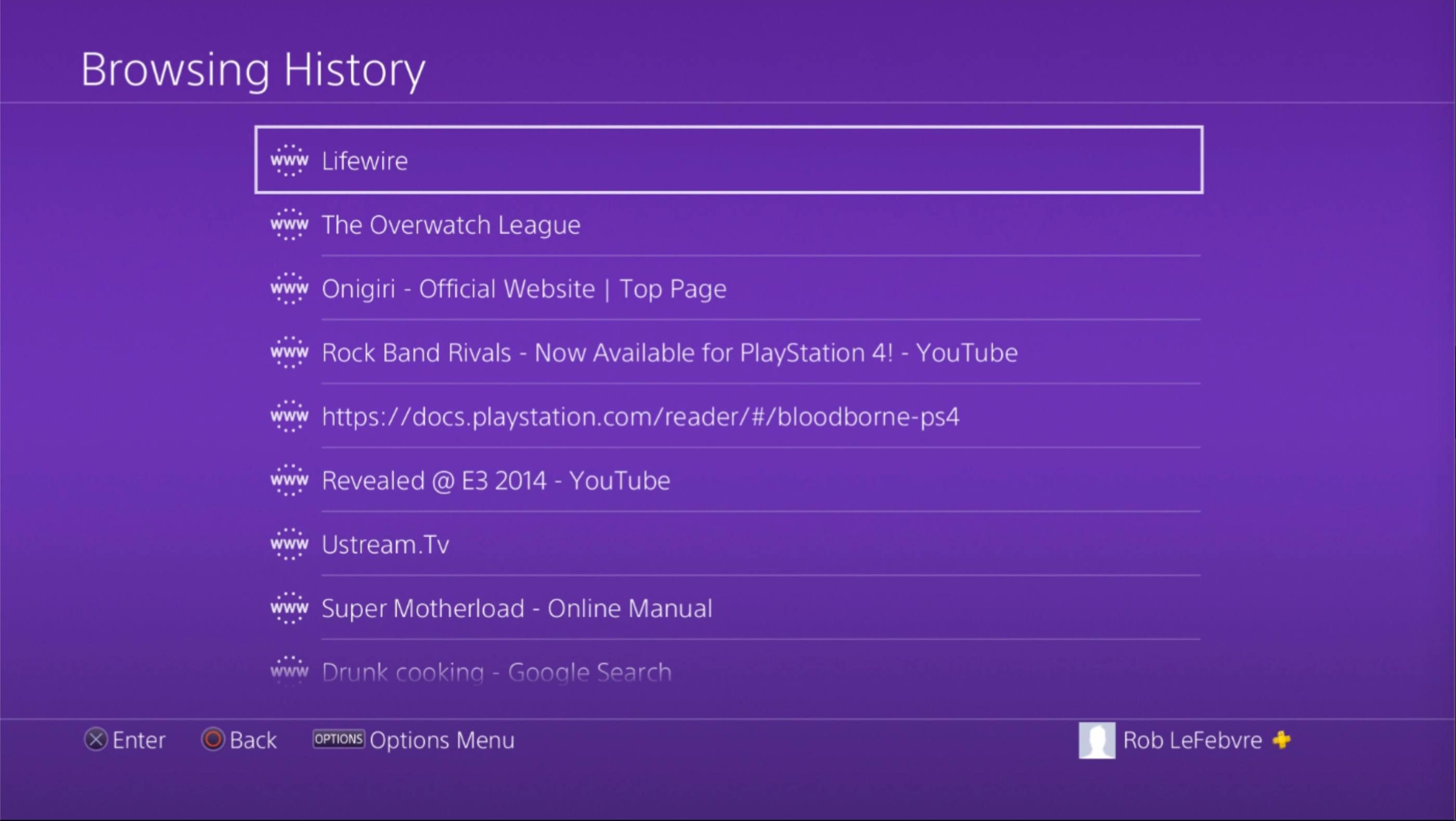 Экран истории просмотра в браузере PS4