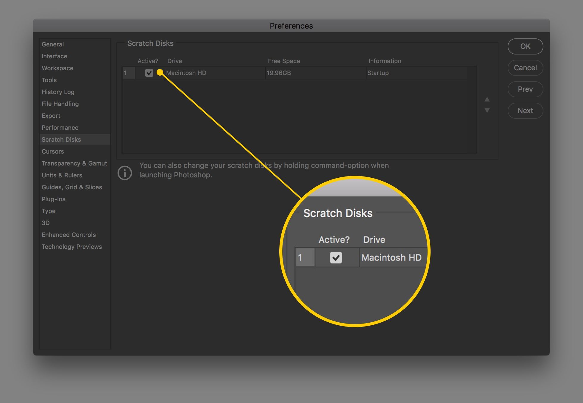 Снимок экрана: панель Scratch Disks в Photoshop с выделением жесткого диска