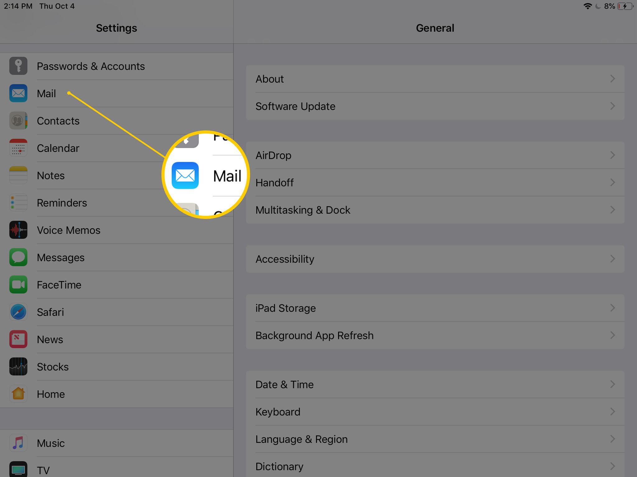 Значок Callout of Mail в приложении «Настройки» на iPad