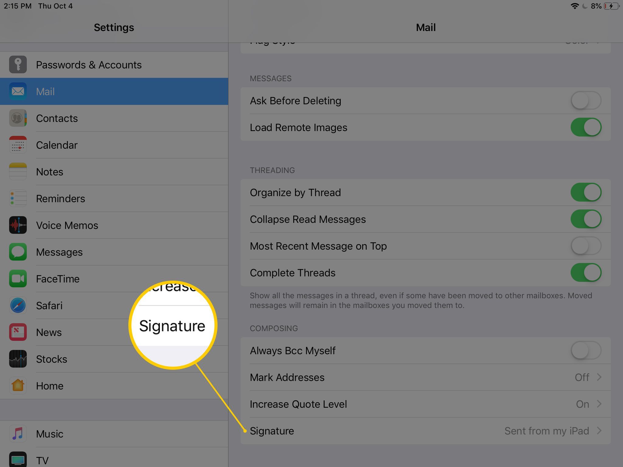 Область подписи в настройках Почты в приложении Настройки на iPad