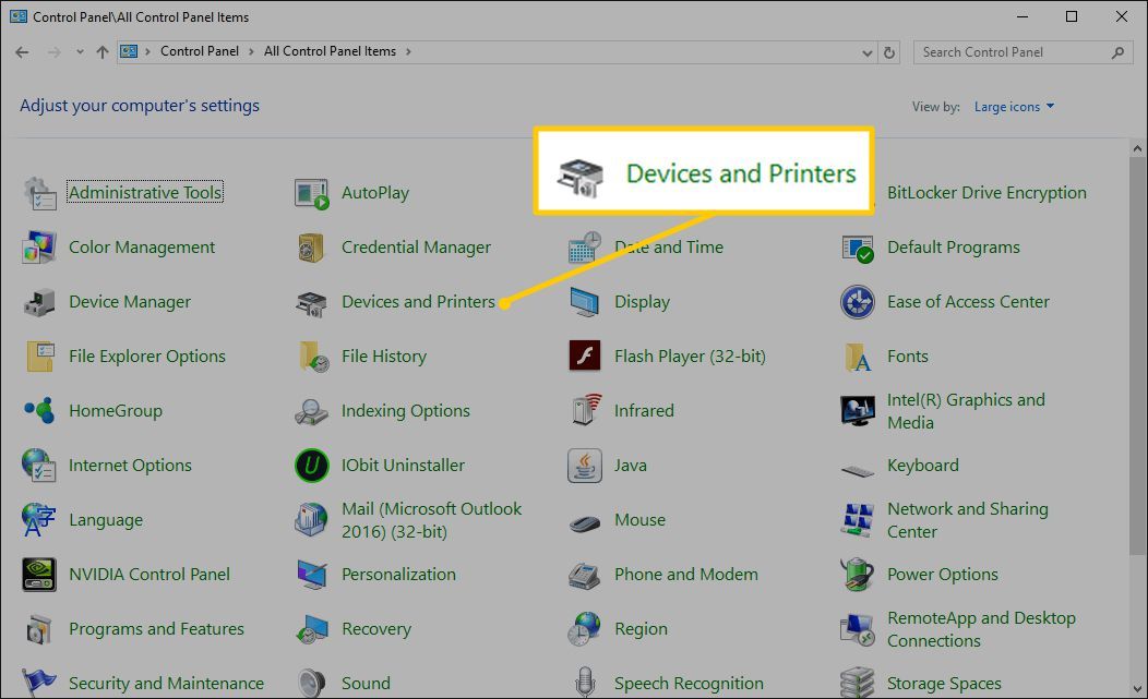 Ссылка «Устройства и принтеры» в панели управления Windows