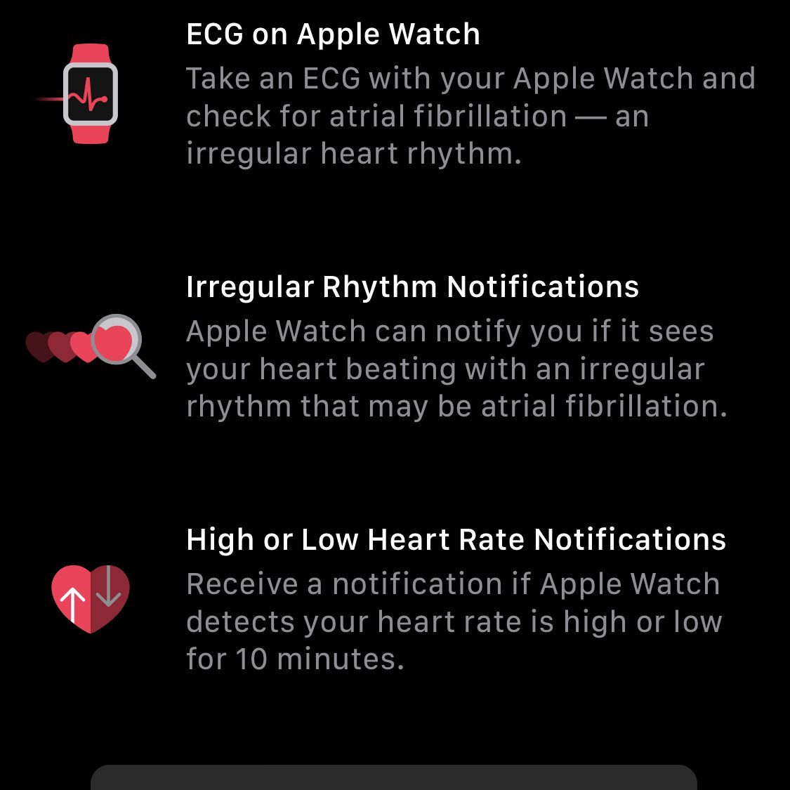 Снимок экрана с информацией о возможностях здоровья сердца Apple Watch