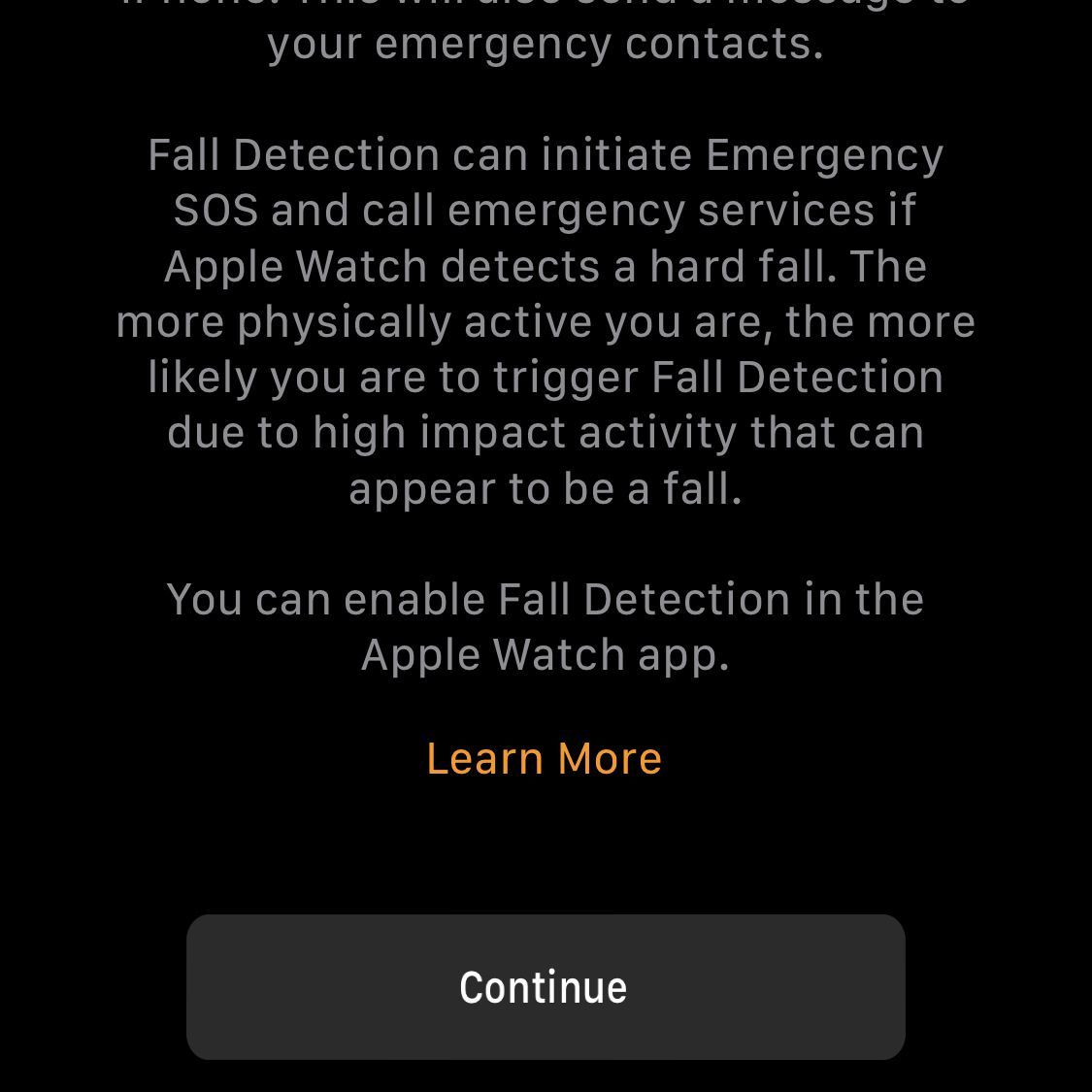 Экран, описывающий Apple Watch's emergency features