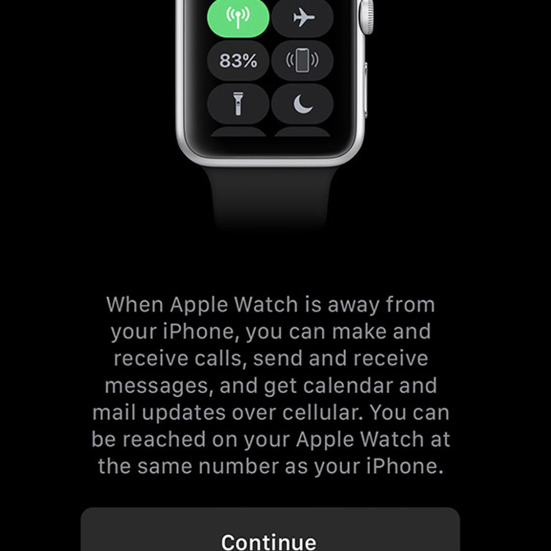 Экран, показывающий сотовую связь для Apple Watch, настроен