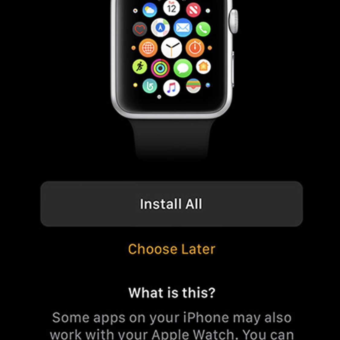 Экран, предлагающий варианты установки приложений на Apple Watch