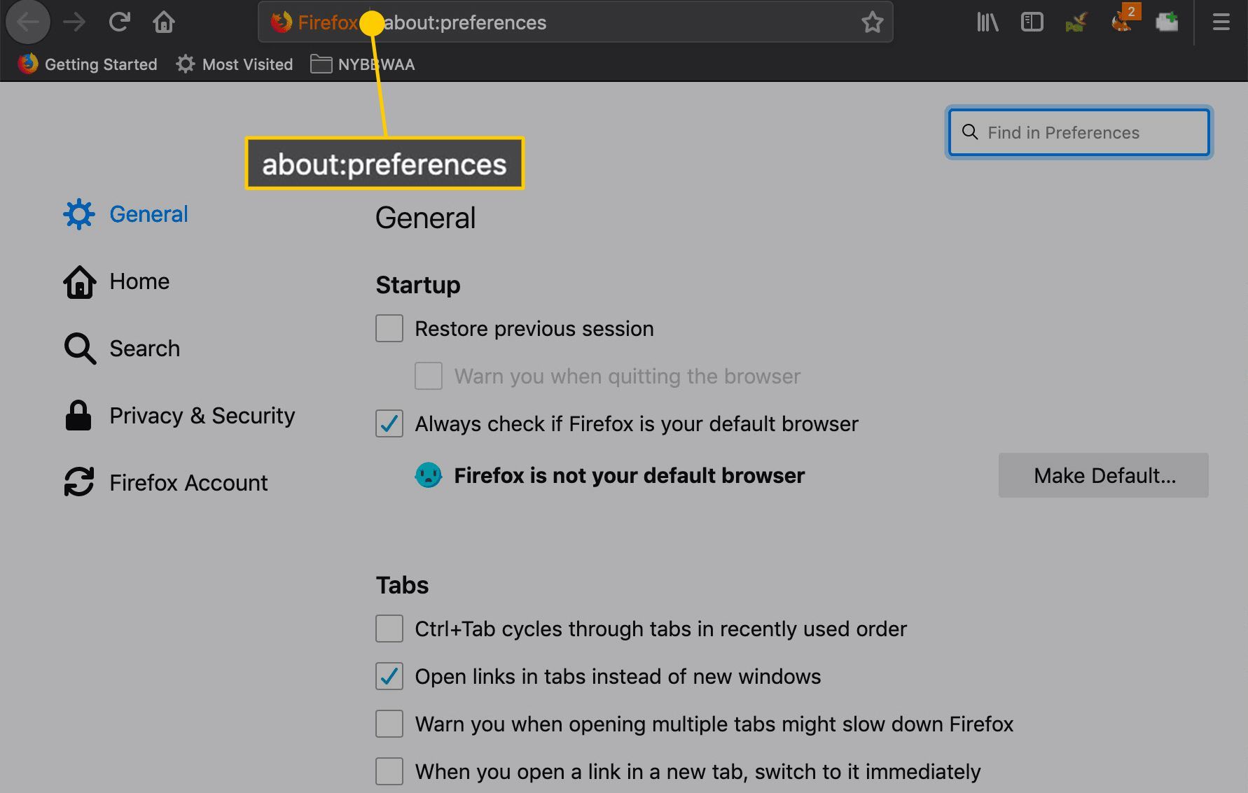 Интерфейс общих настроек Firefox.