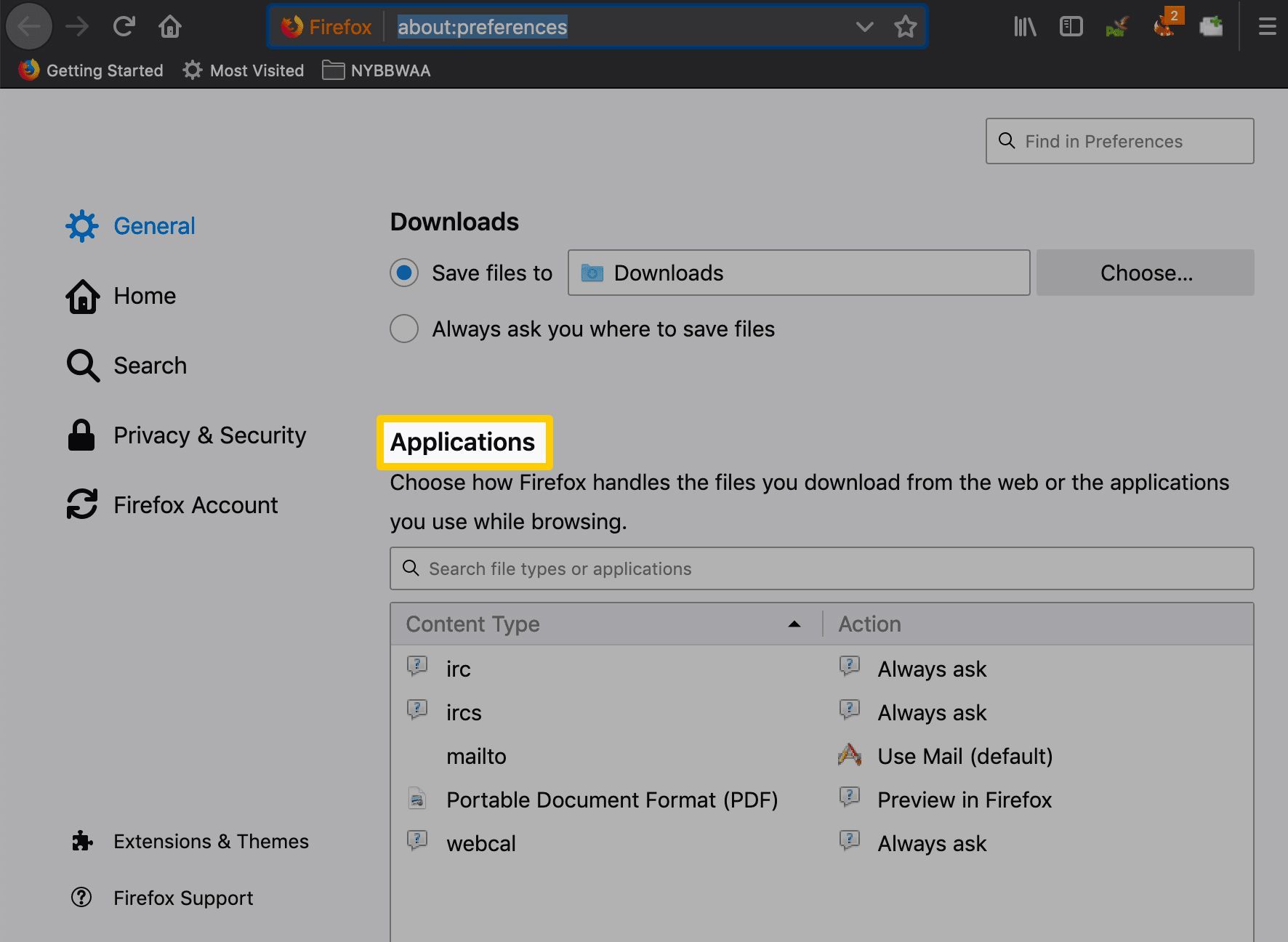 Скриншот Firefox's Applications settings.