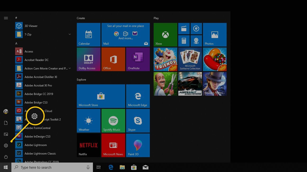 Значок настроек в меню «Пуск» Windows 10