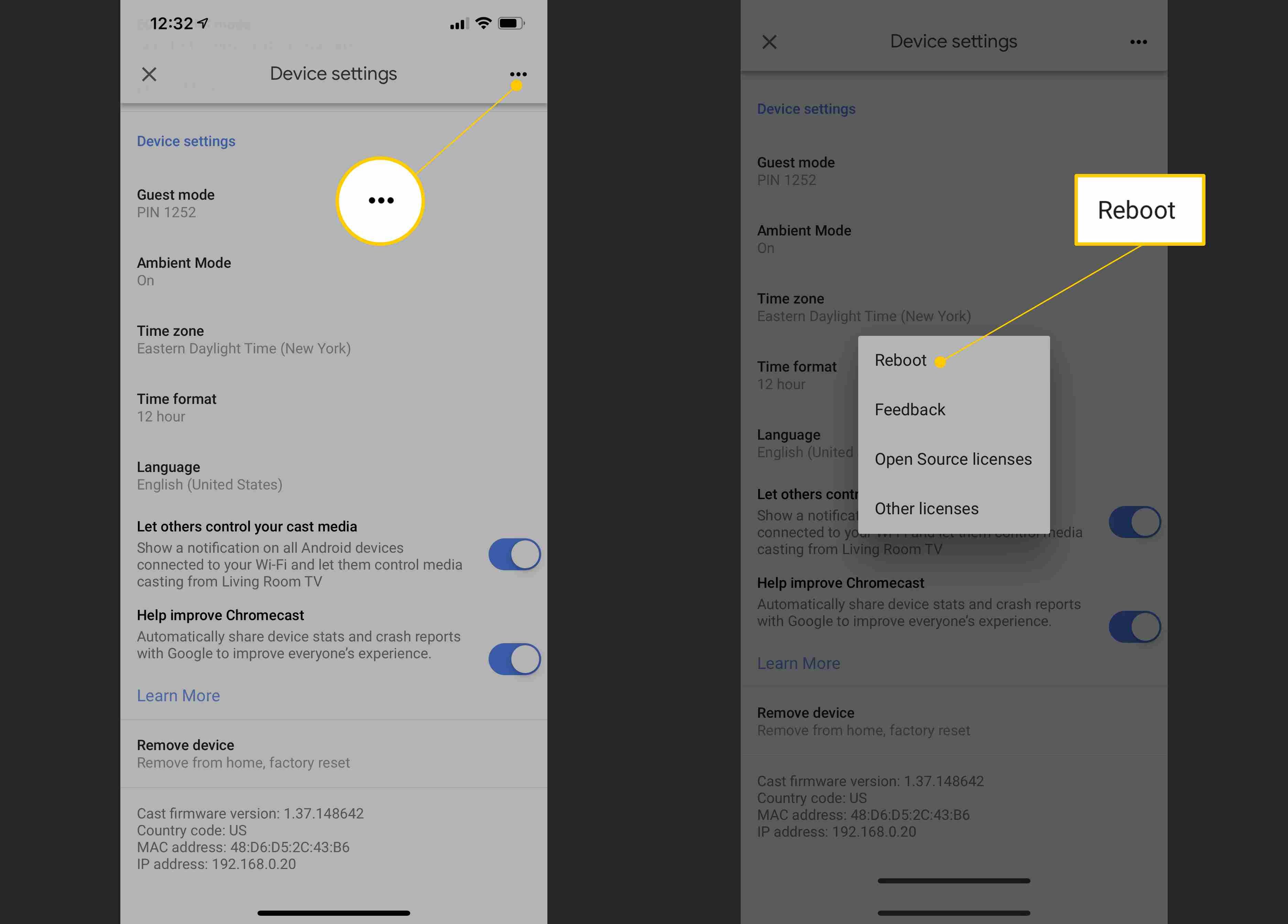 Точки меню и опция перезагрузки в приложении Google Home на iOS