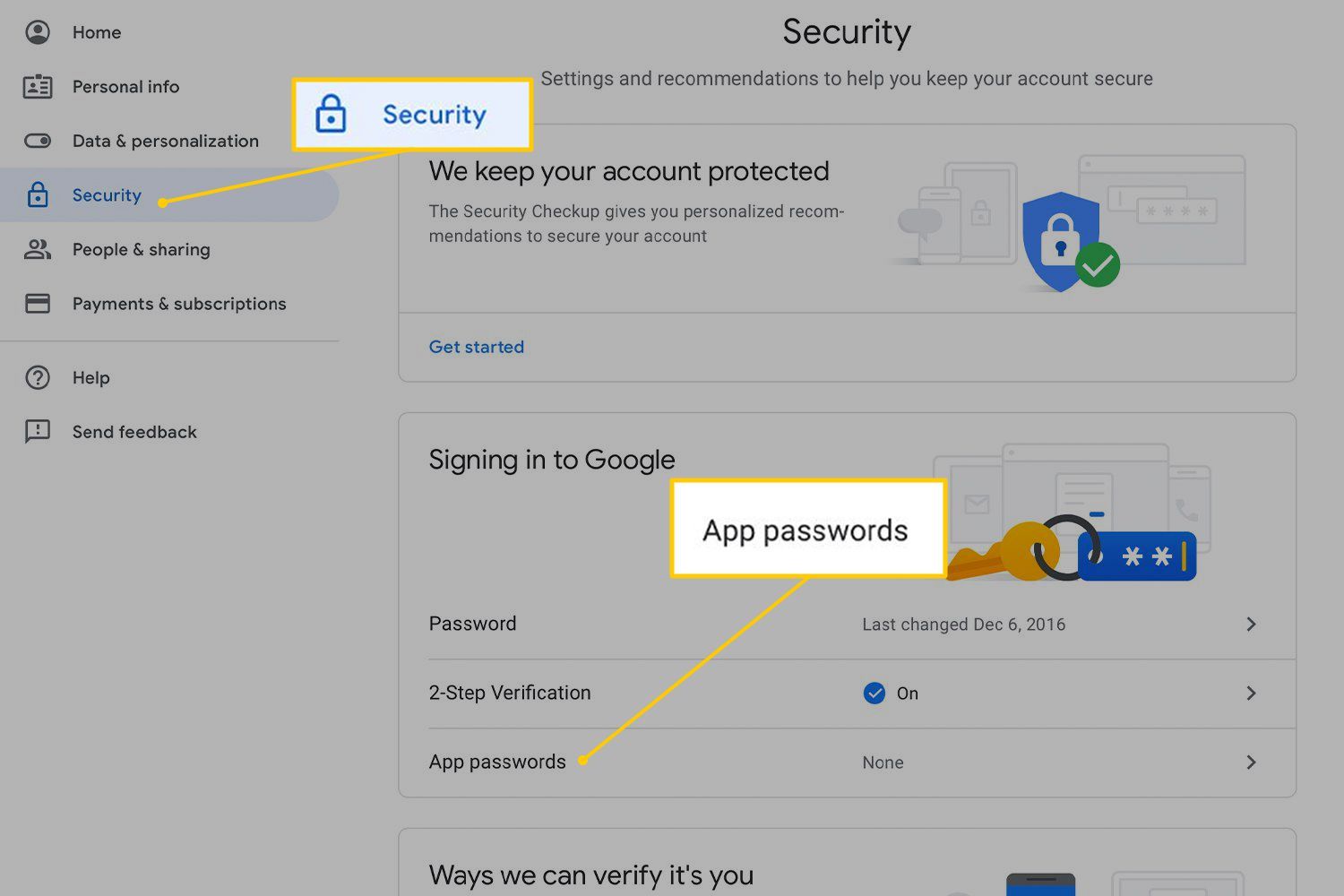 Вкладка «Безопасность» и ссылка «Пароли приложений» на странице «Безопасность учетной записи Google».