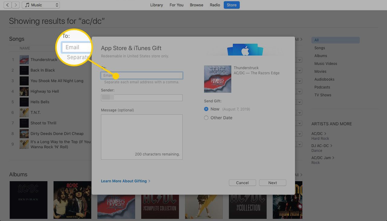 App Store и iTunes Gift screen с выделенным полем Email