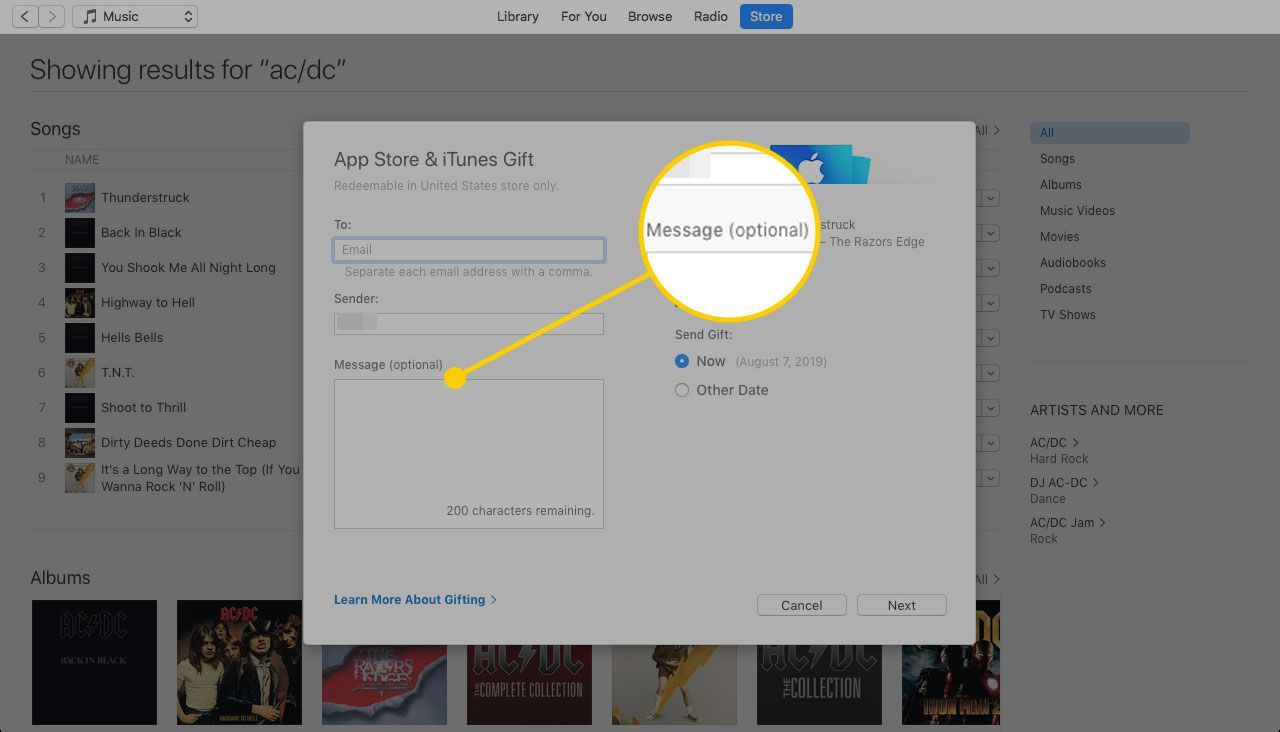 Экран App Store Gift с выделенным полем Message