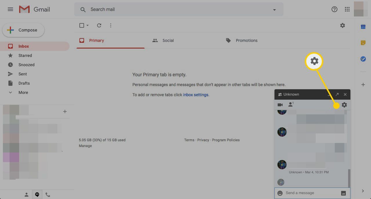Механизм настроек в окне чата Gmail