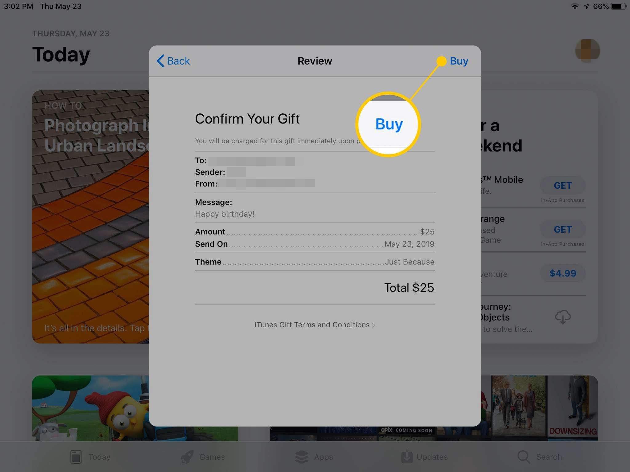Кнопка «Купить» в диалоговом окне «Подарочная карта» в App Store