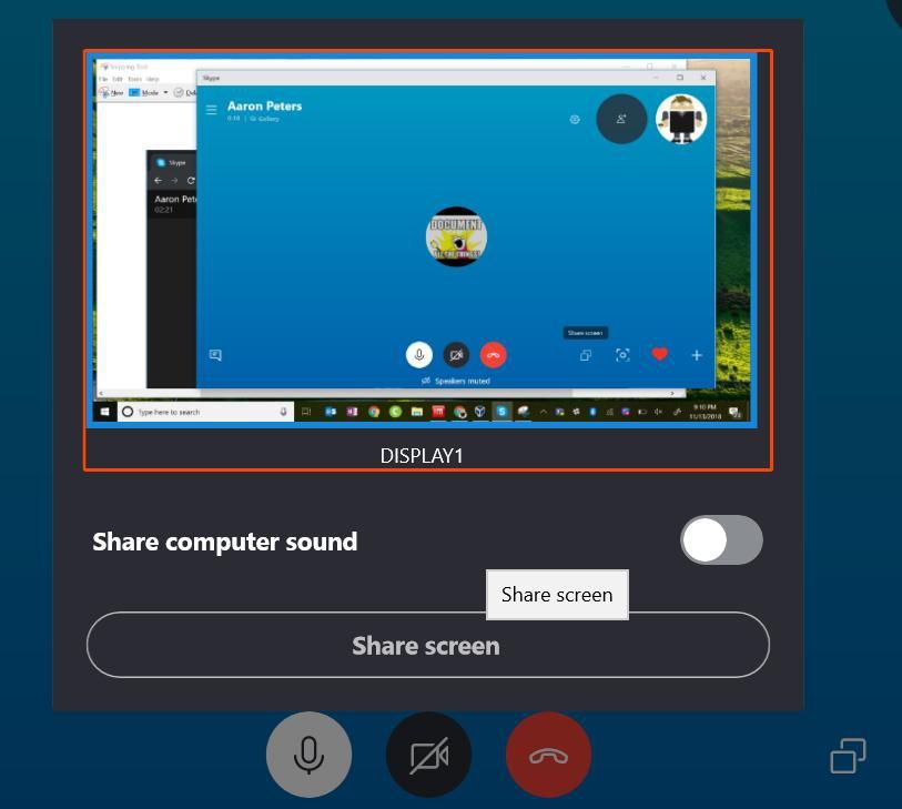 Диалог выбора экрана для обмена в Skype