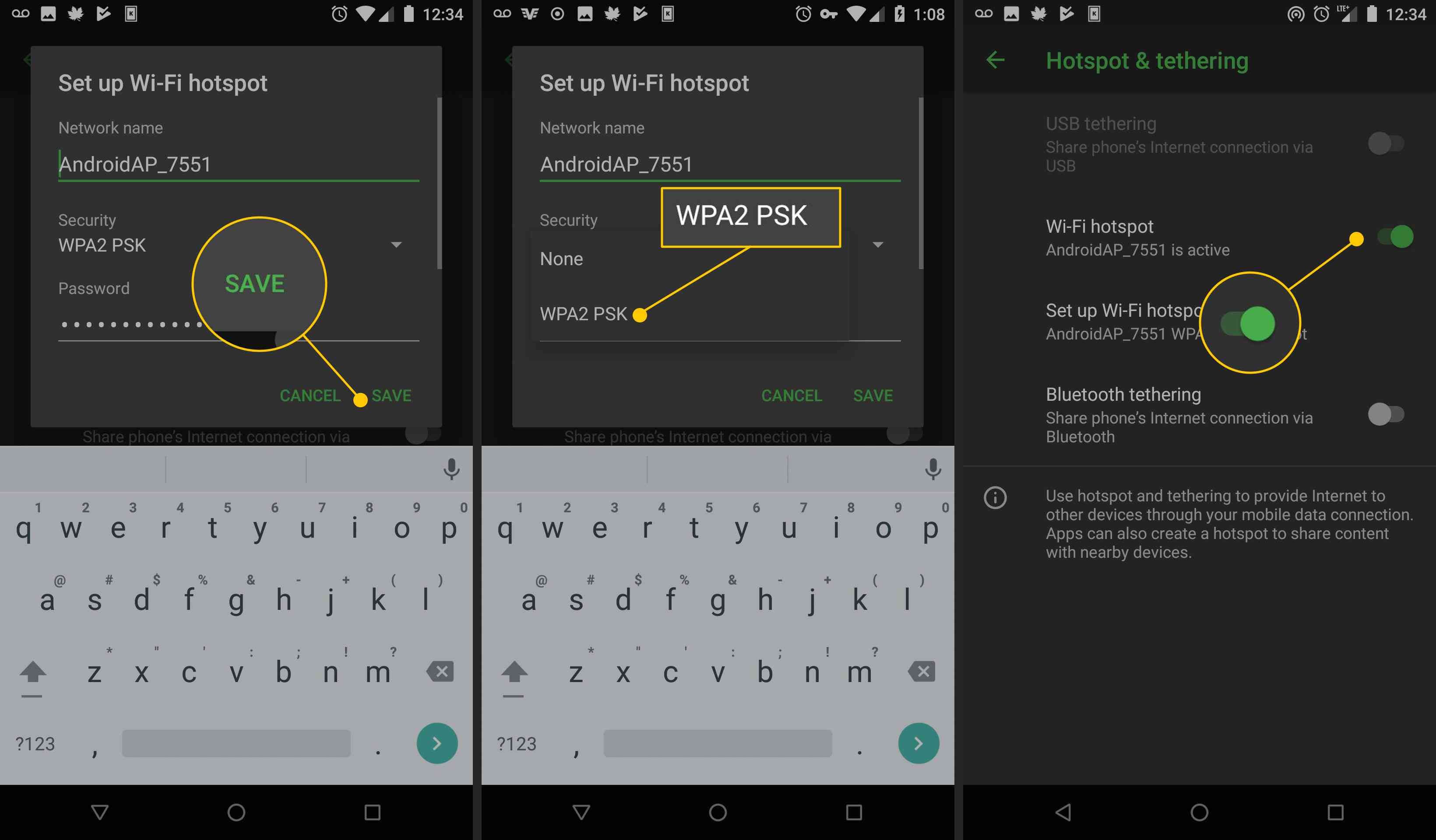 Кнопка «Сохранить», опция WPA2 PSK, переключение точки доступа Wi-Fi в настройках Android