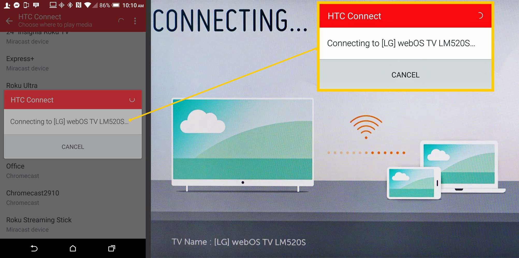 Пример подключения телефона Android к зеркалированию экрана с LG Smart TV