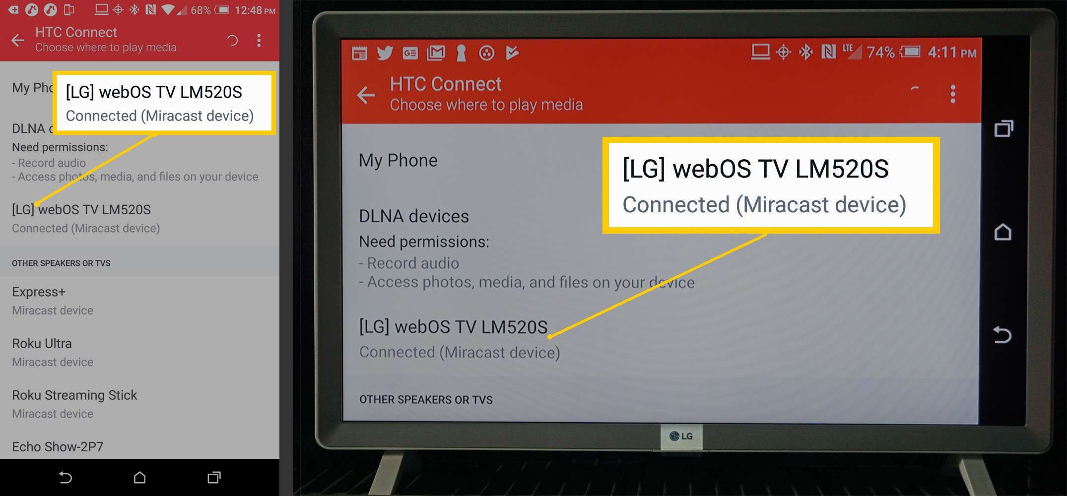 Пример соединения зеркалирования экрана телефона Android с LG Smart TV
