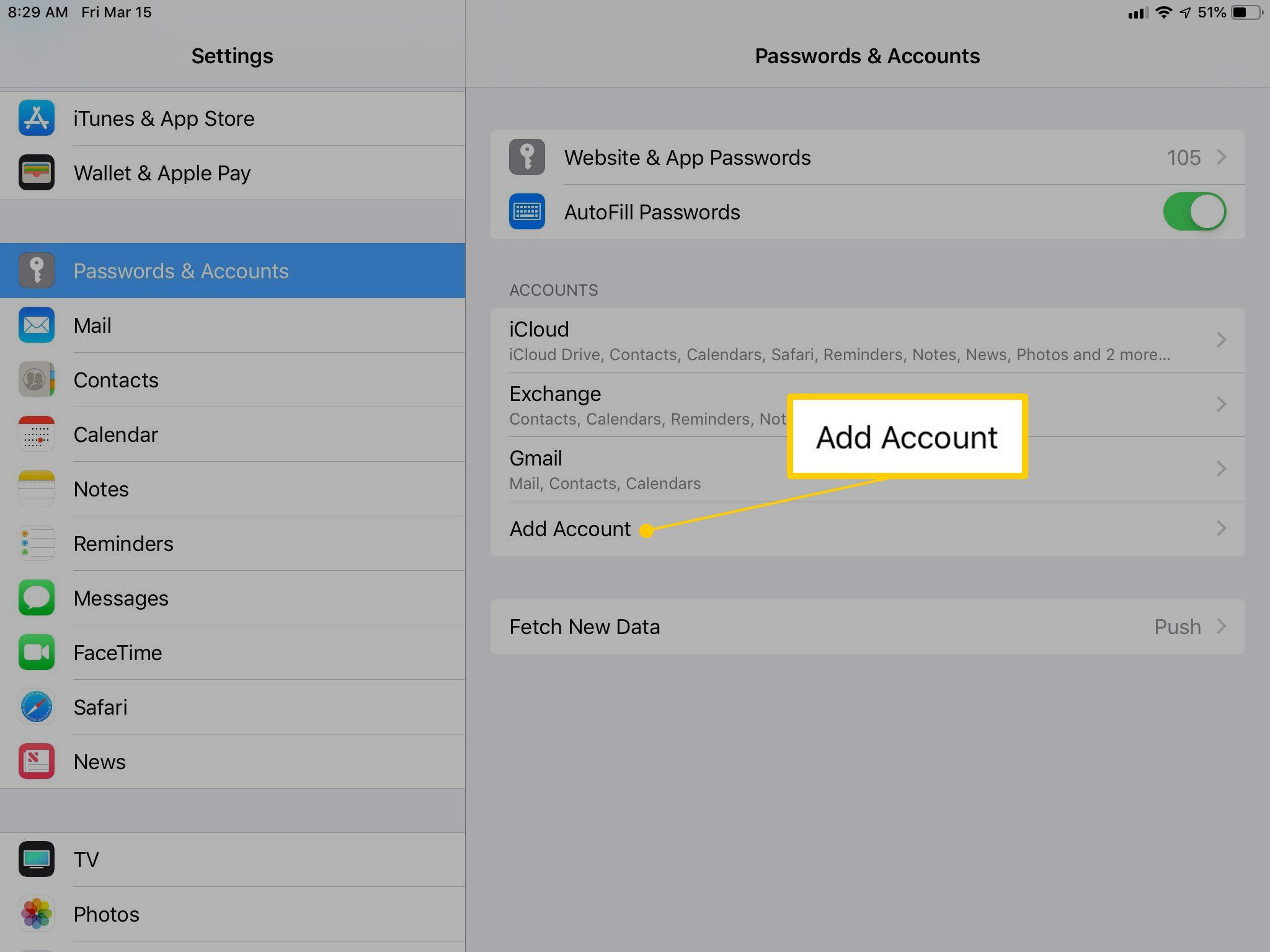 Кнопка «Добавить аккаунт» в приложении «Настройки iPad»