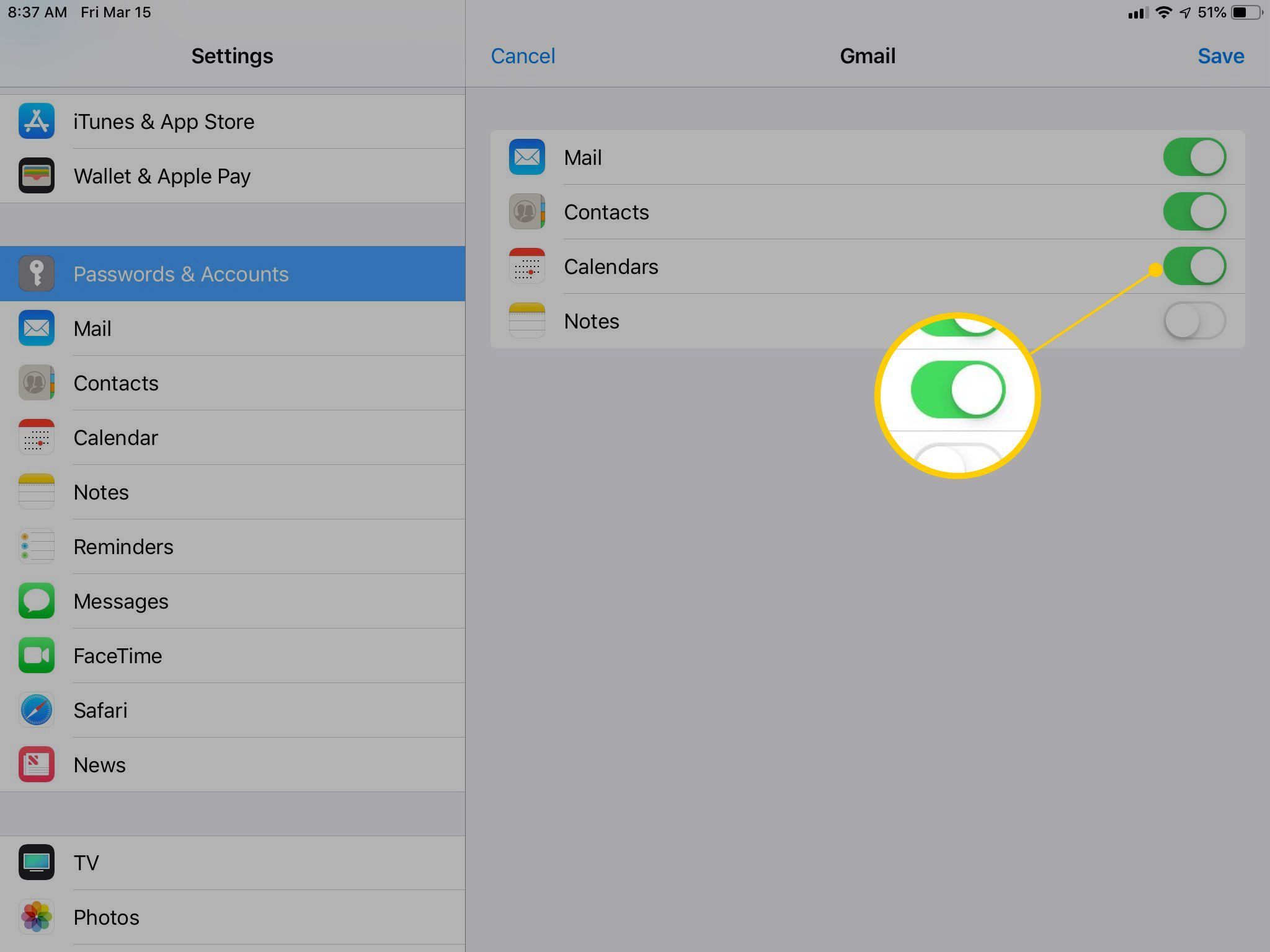 Опция Календари в настройках Gmail на iPad позволяет включить