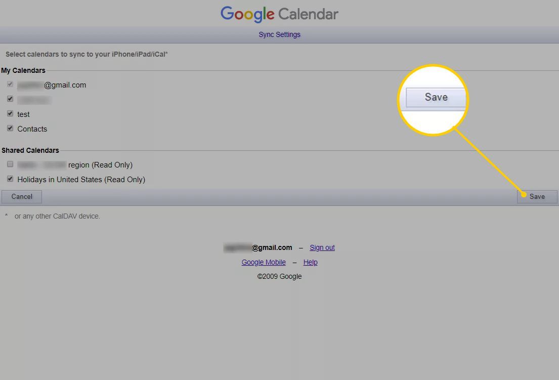 Кнопка Сохранить в настройках Google Calendar Sync