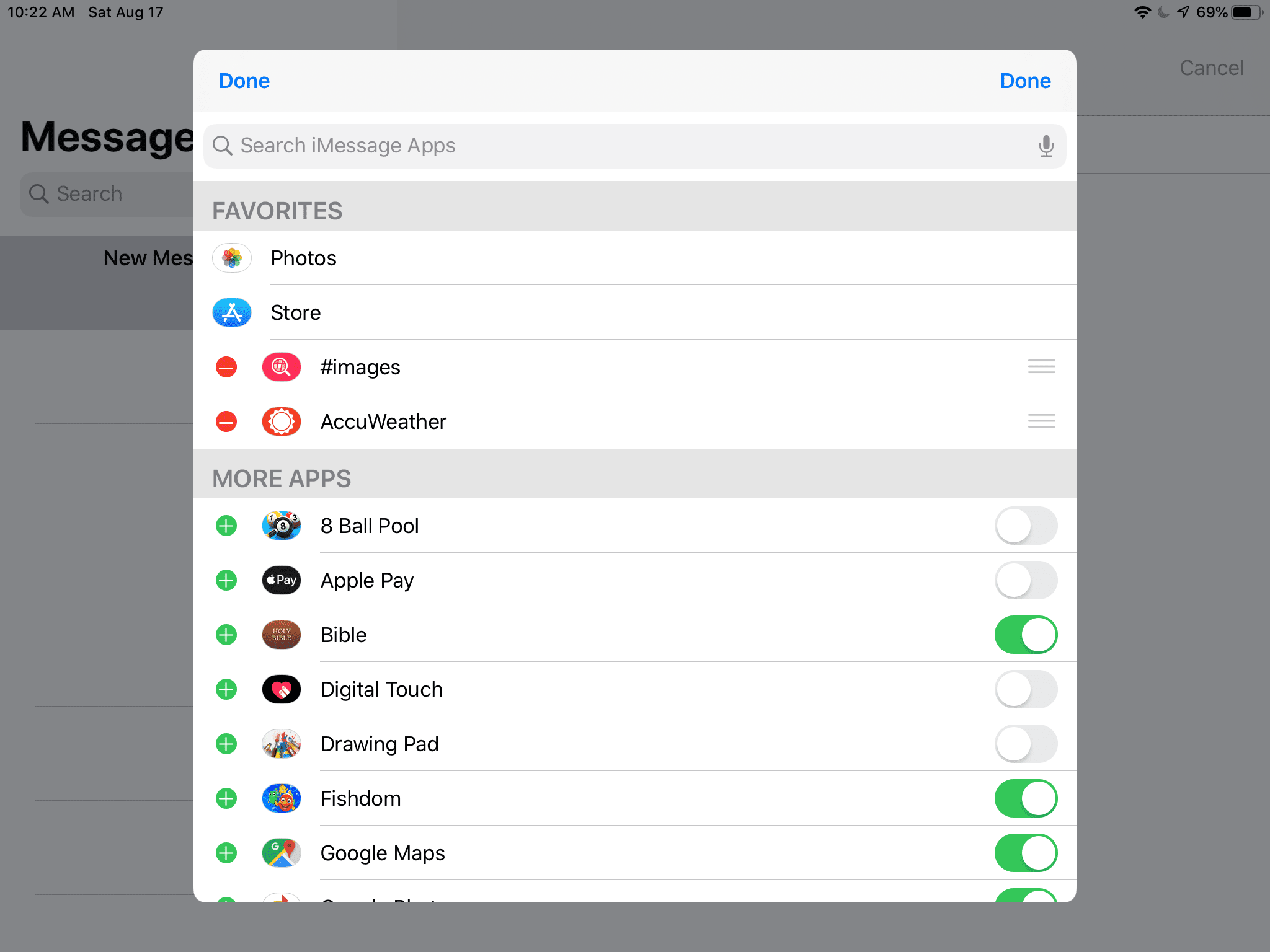 Скрытые приложения iMessage в ящике приложений для iPad