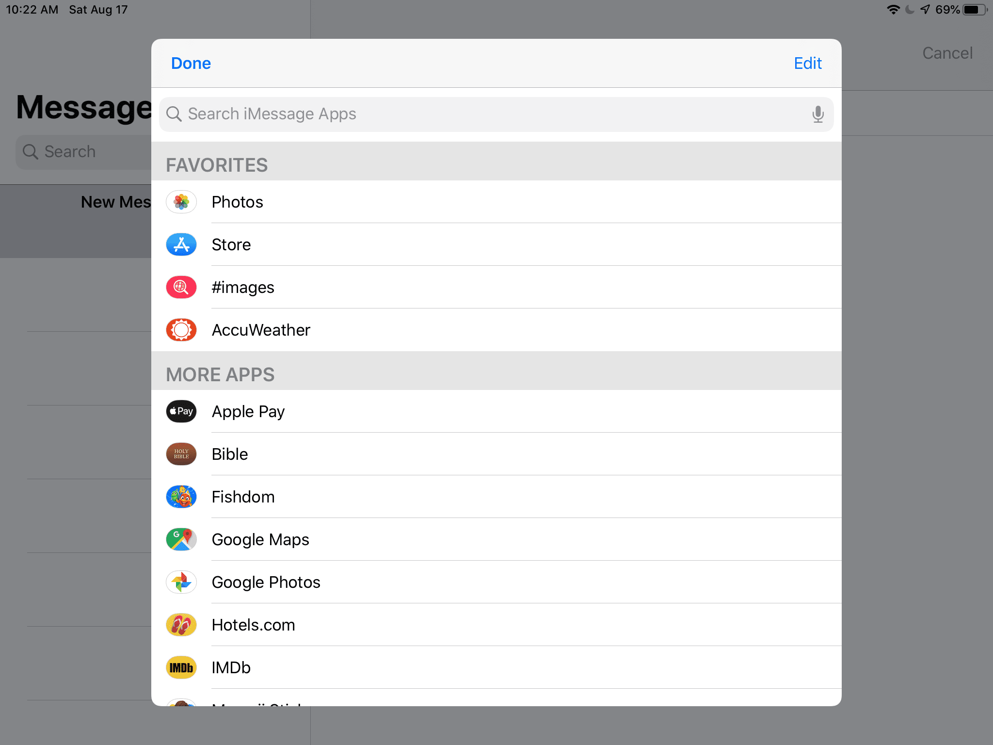 Список приложений iMessage в ящике для iPad