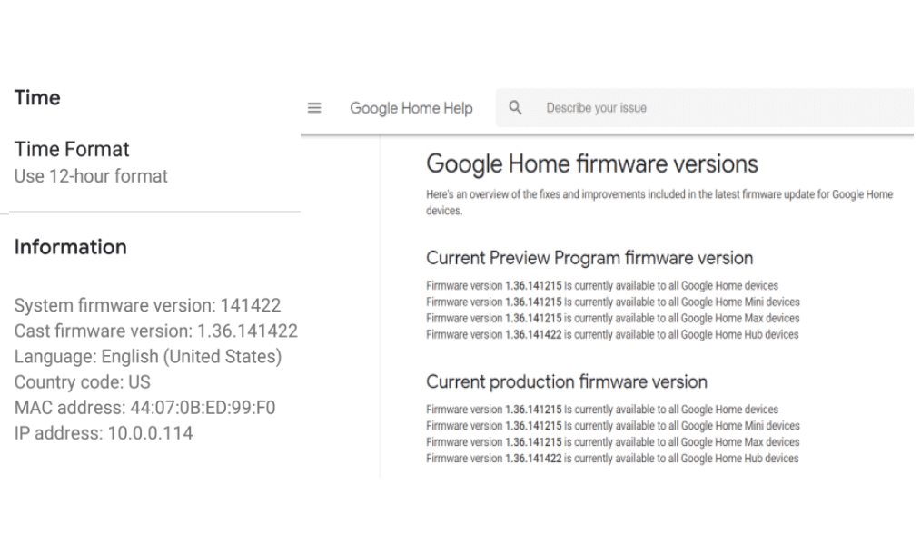 Снимок экрана приложения Google Home и прошивки веб-сайта.