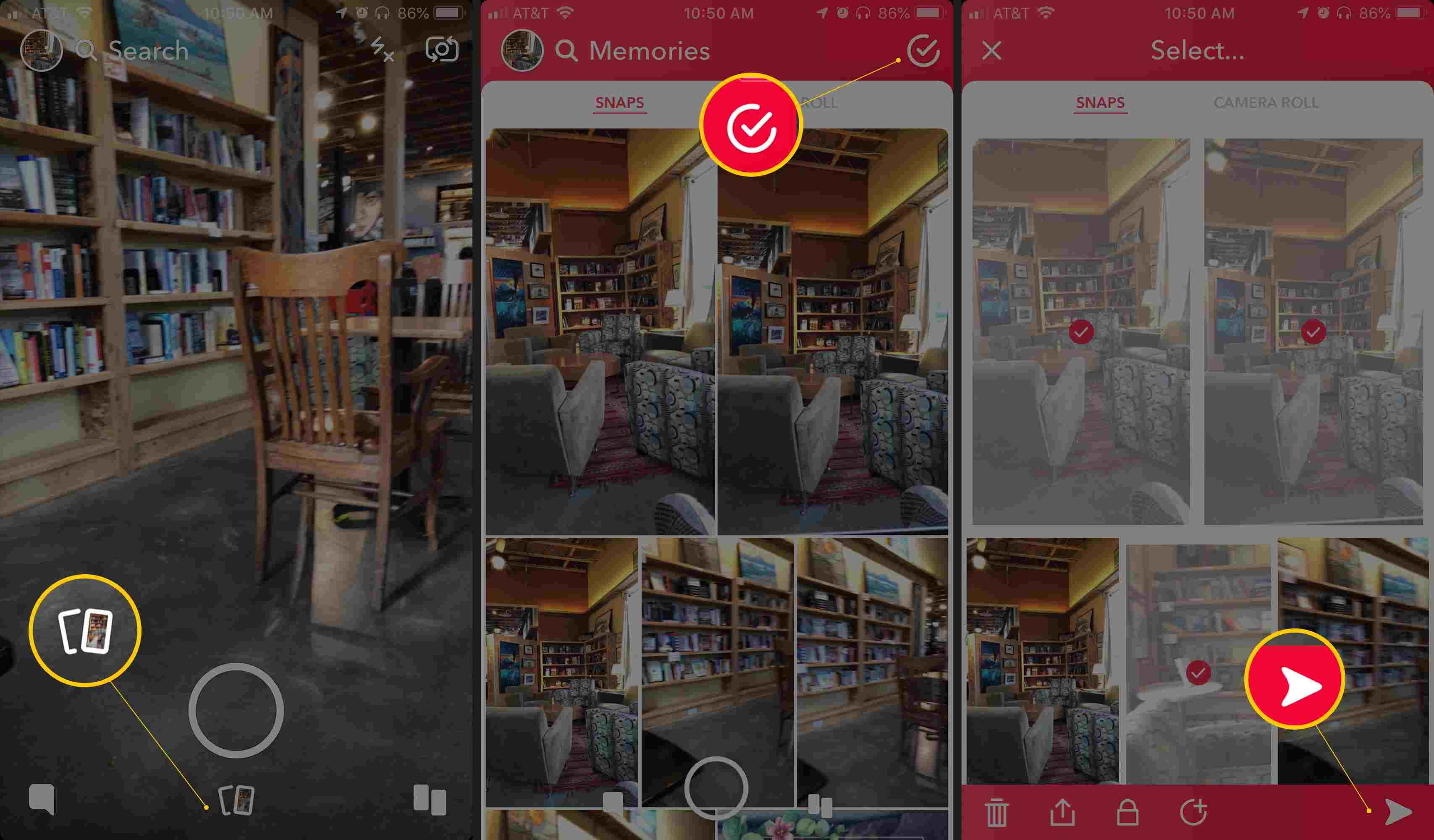 Три экрана iOS Snapchat с кнопкой «Память», «Проверить / Выбрать» и «Отправить» в разделе «Память»