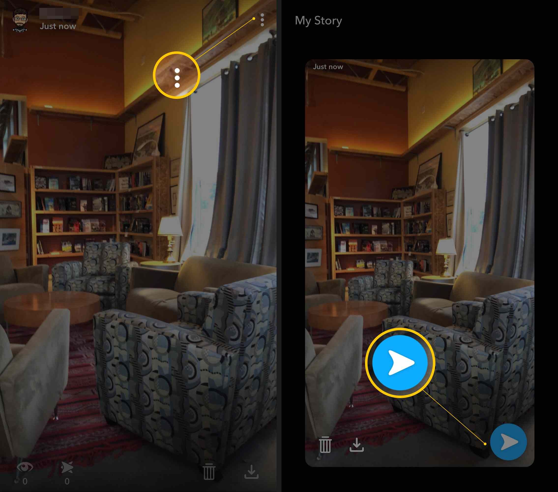 Два экрана iOS Snapchat с трехточечным меню и кнопкой отправки