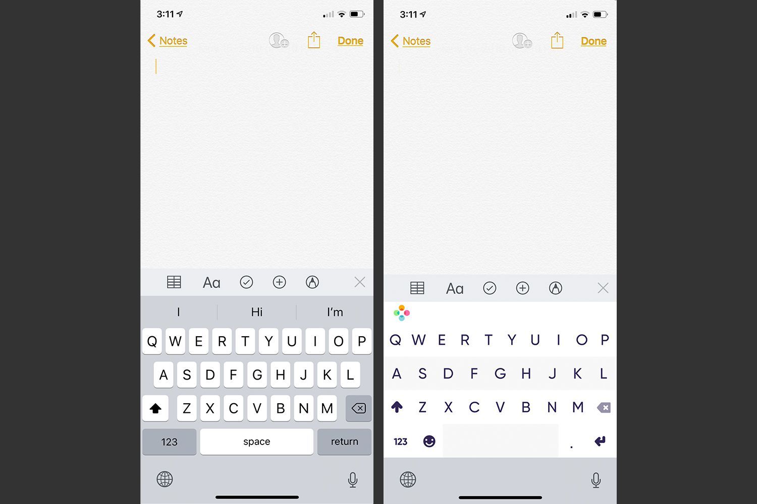 Выбор разных клавиатур с помощью значка глобуса на клавиатуре iPhone