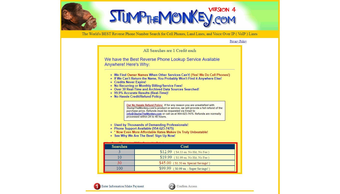Снимок экрана веб-сайта StumptheMonkey.com с указанием платы за обратный поиск по телефону.