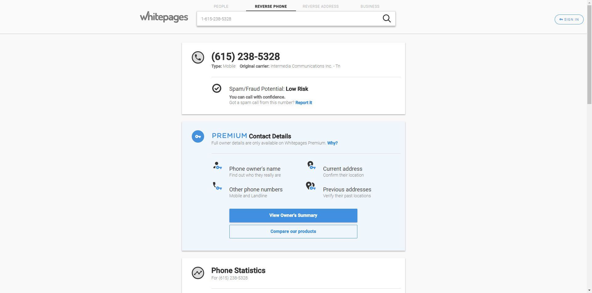 Снимок экрана веб-сайта WhitePages с показом обратного номера телефона.