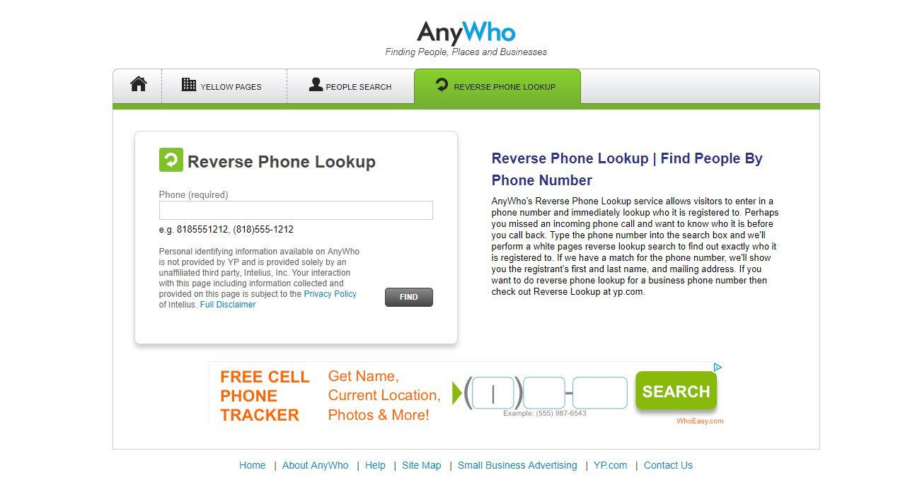 Снимок экрана веб-сайта поиска обратных номеров AnyWho.