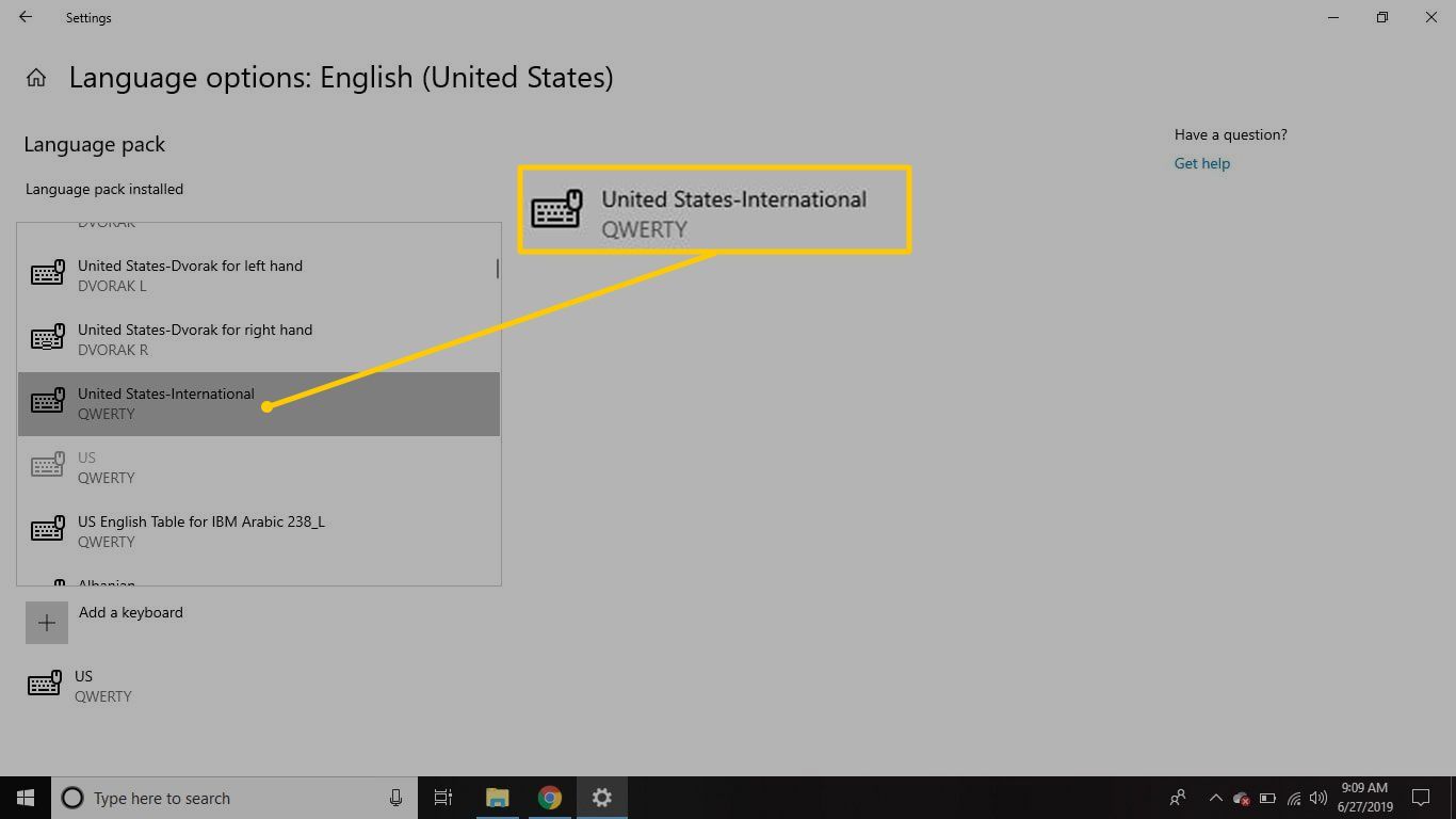 США-Международный выбор клавиатуры для Windows