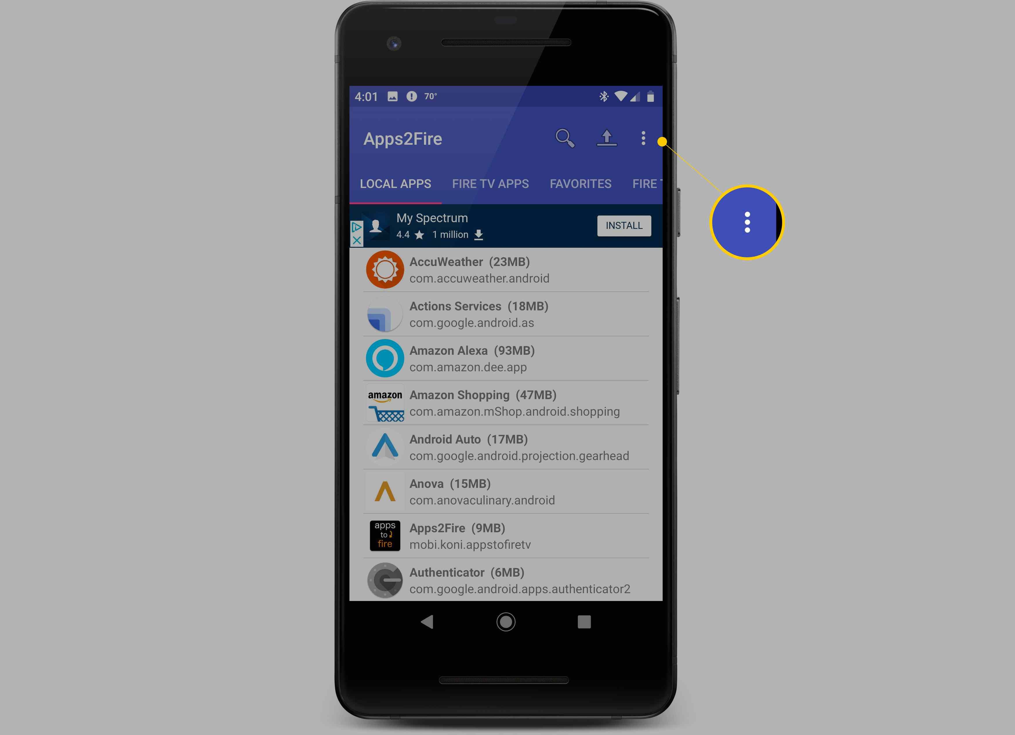 3 горизонтальных точечных меню в приложении Apps2Fire на Android