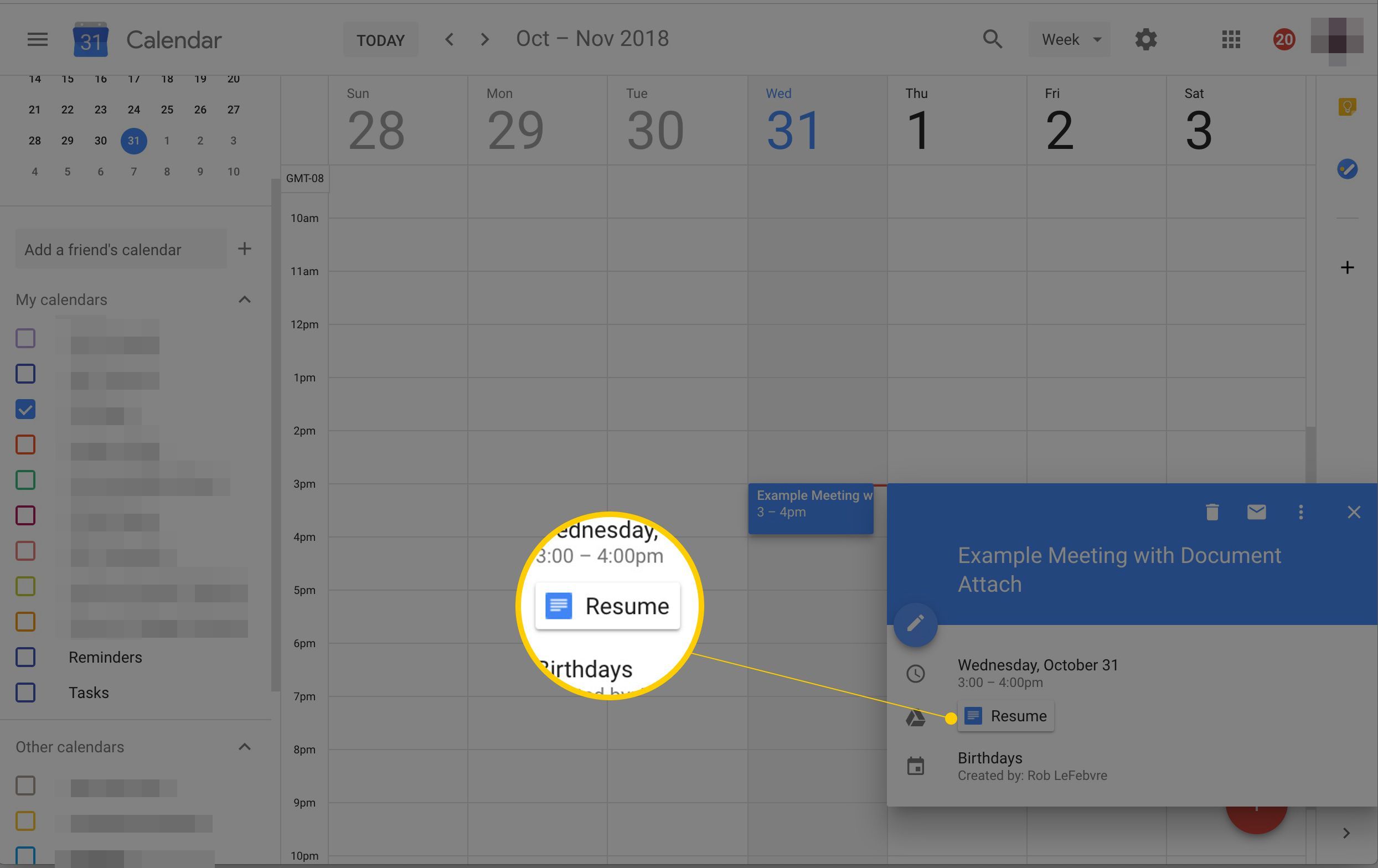Вложение отображается в событии Календаря Google