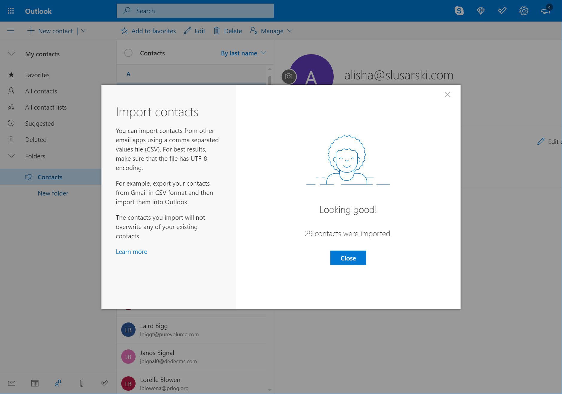 Outlook.com Импорт контактов полный экран
