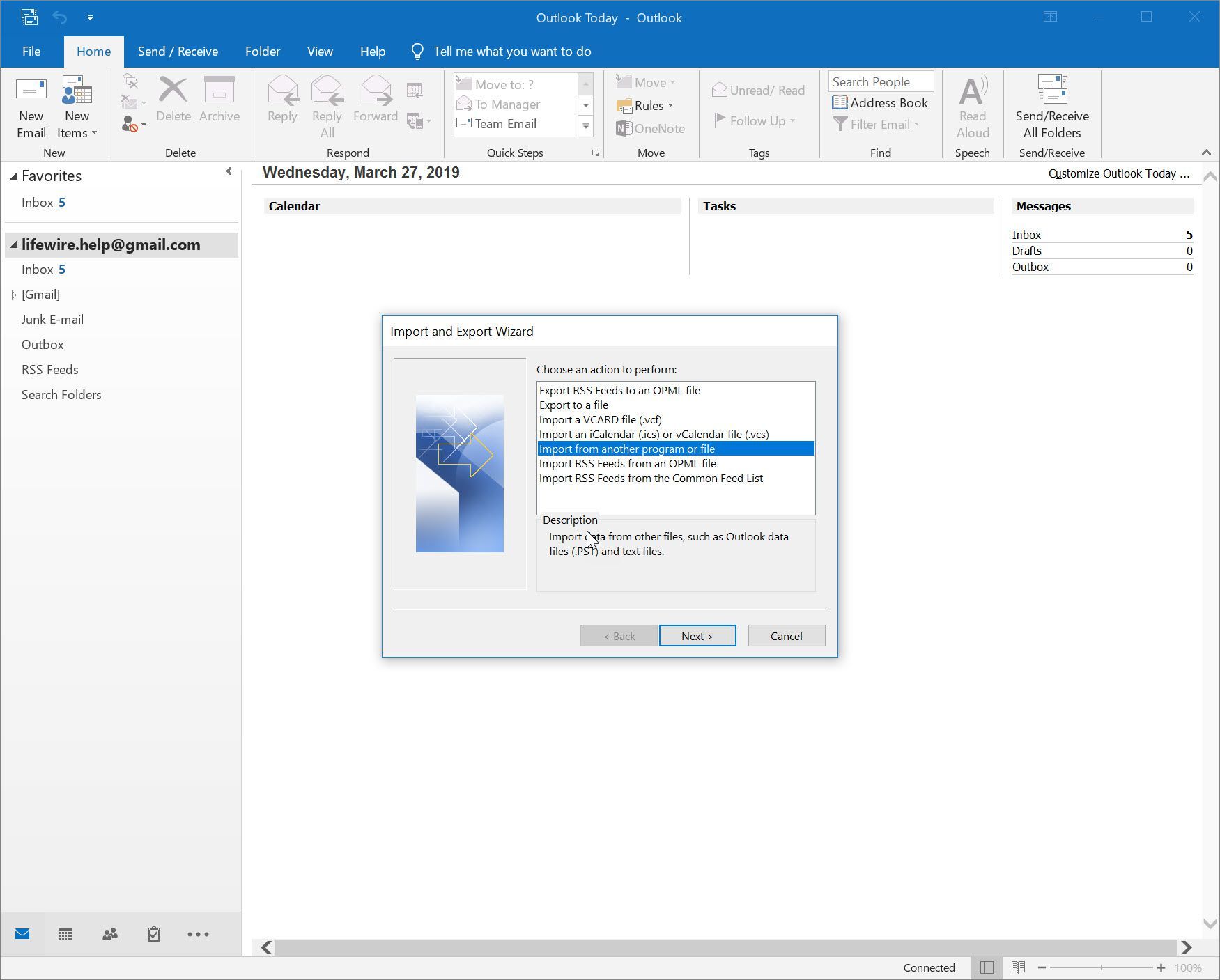Outlook 2016 Импорт из другой программы или выбранного файла