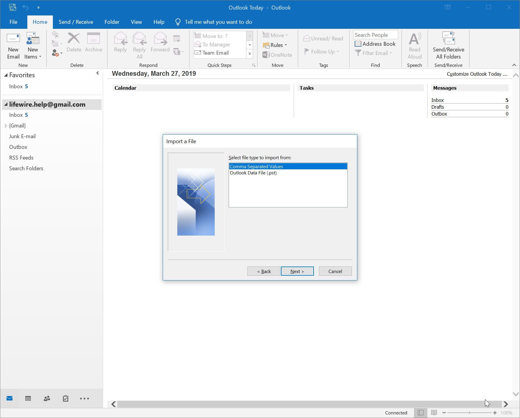 Outlook 2016 Импорт файла с выбранными значениями, разделенными запятыми